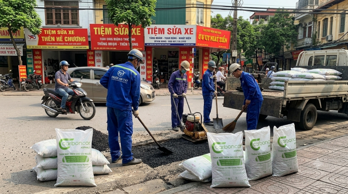 thi công asphalt đóng bao trộn sẵn tại Hà Nội vá đường
