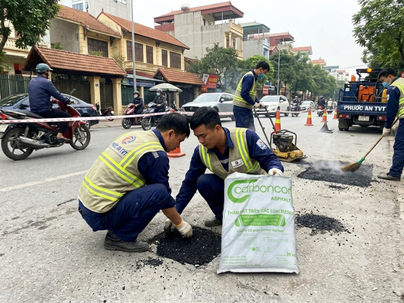 thi công dặm vá asphalt carboncor trộn sẵn Hà Nội