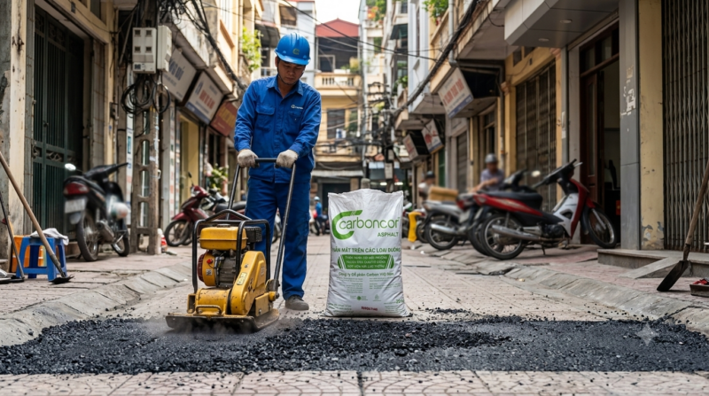 Thi công lu lèn nhựa đường nguội tại quận Đống Đa