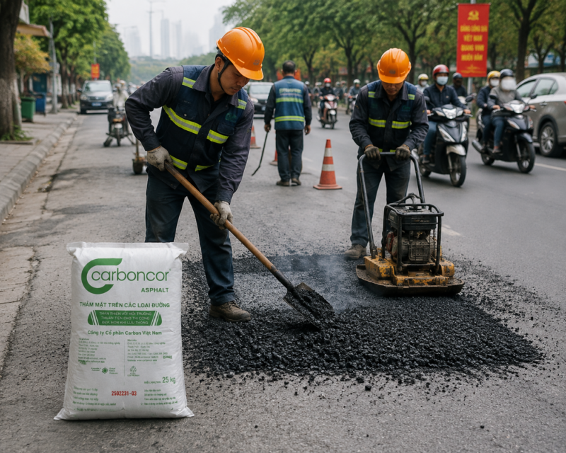 Thi công bán nhựa đường asphalt đóng bao tại Hà Nội dặm vá ổ gà