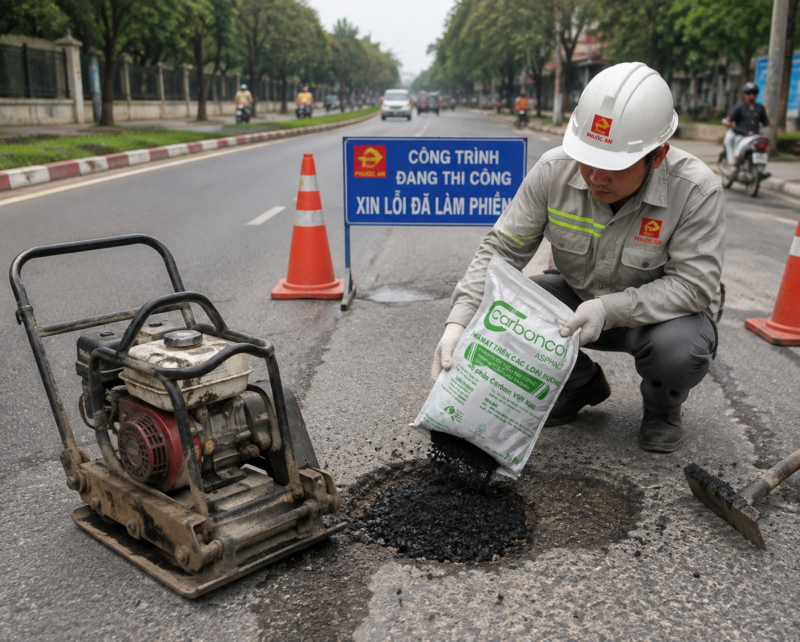Thi công dặm vá bằng nhựa đường đóng bao tại Ba Đình