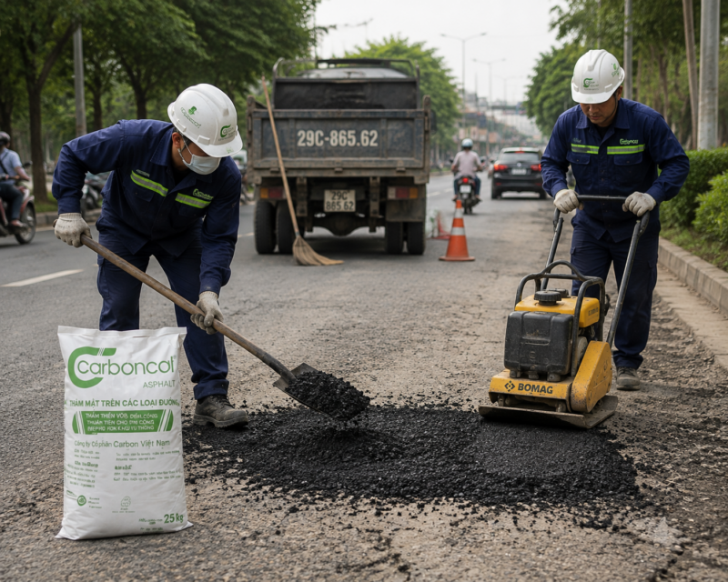 Qúa trình thi công nhựa đường đóng bao Carboncor Asphalt dặm vá mặt đường