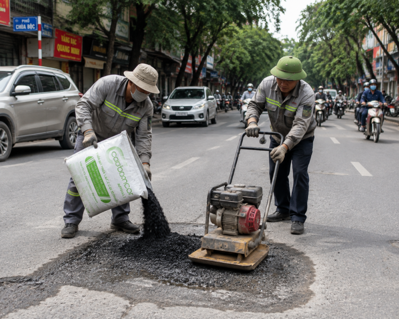 Thi công mua nhựa đường đóng bao vá ổ gà tại Hà Nội thực tế