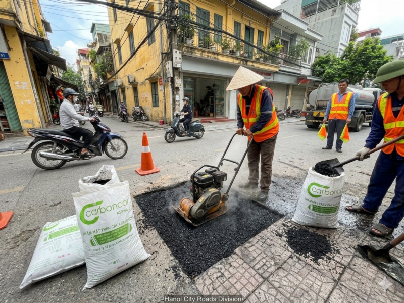 Thi công dặm vá nhựa đường nguội đóng bao tại Hà Nội