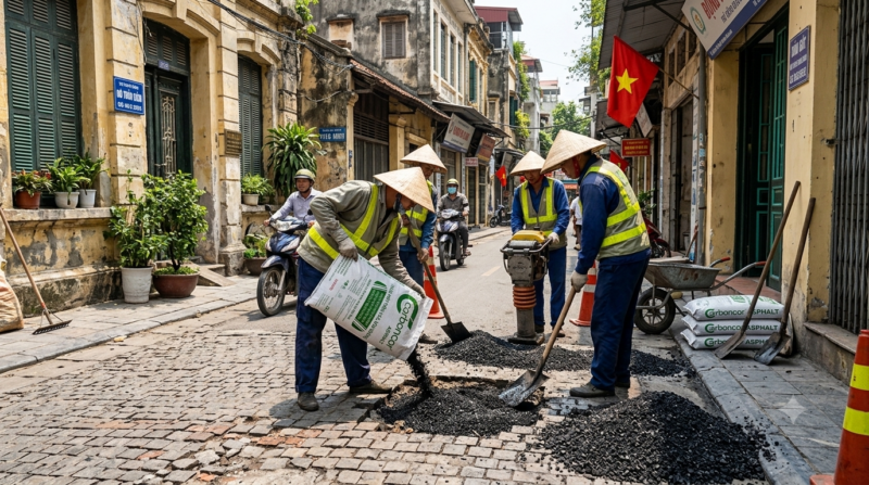 Bê Tông Nhựa Đường Trộn Sẵn tại Hoàn Kiếm thi công dặm vá phố cổ
