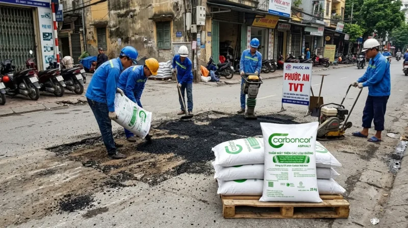 Bê tông nhựa nguội Long Biên thi công dặm vá ổ gà