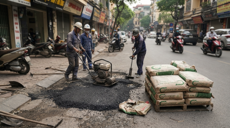 Thi công bê tông nhựa nguội tại Hai Bà Trưng vá mặt đường