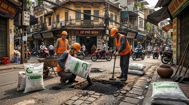 Bê tông nhựa nguội tại Hoàn Kiếm thi công dặm vá ổ gà phố cổ