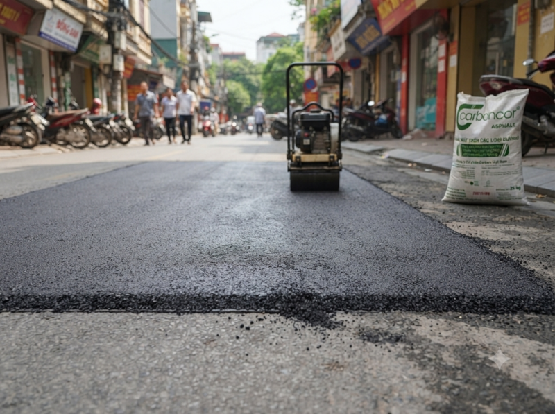 Công nhân đầm nén bê tông nhựa nguội tại Đống Đa đạt độ chặt