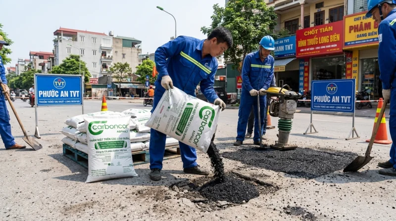 Mua nhựa đường đóng bao Long Biên thi công dặm vá mặt đường