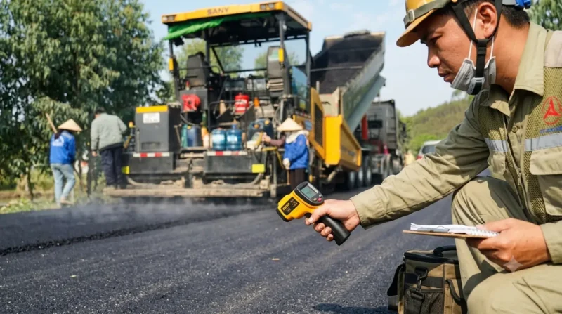 Đo nhiệt độ rải bê tông nhựa nóng tại công trường
