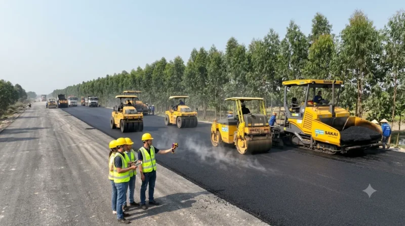 Thi công rải bê tông nhựa nóng trên đường giao thông