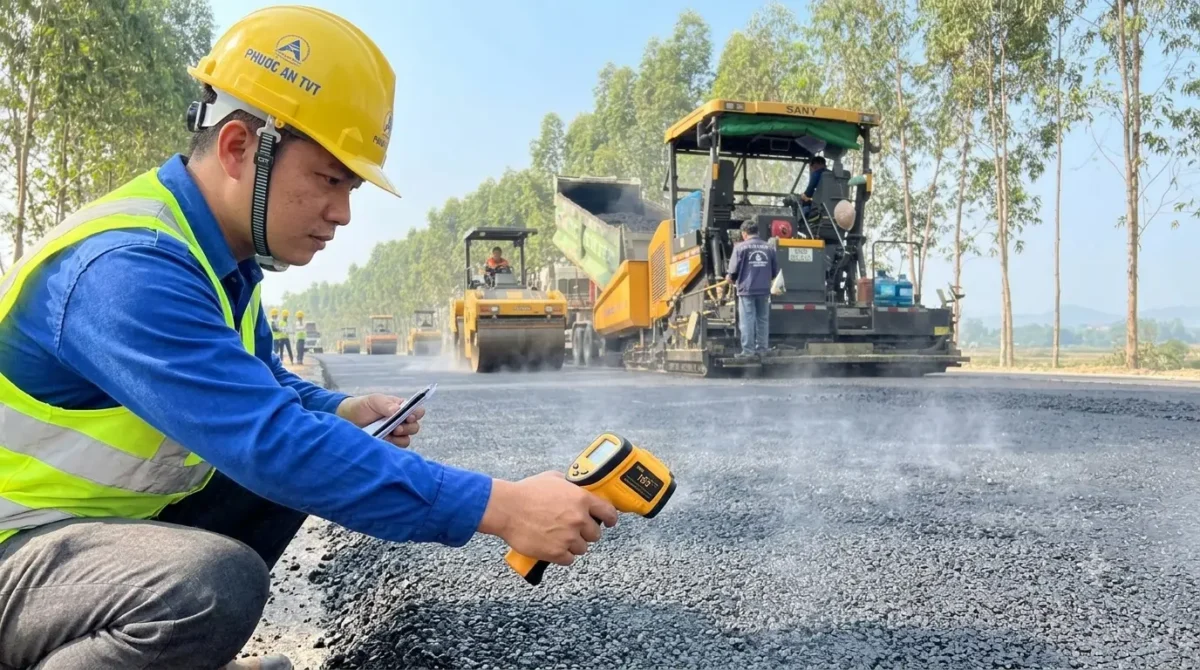 Kiểm tra nhiệt độ rải nhựa bê tông nóng tại công trường