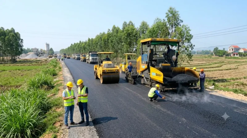 Thi công thảm nhựa đường bằng máy trải chuyên dụng