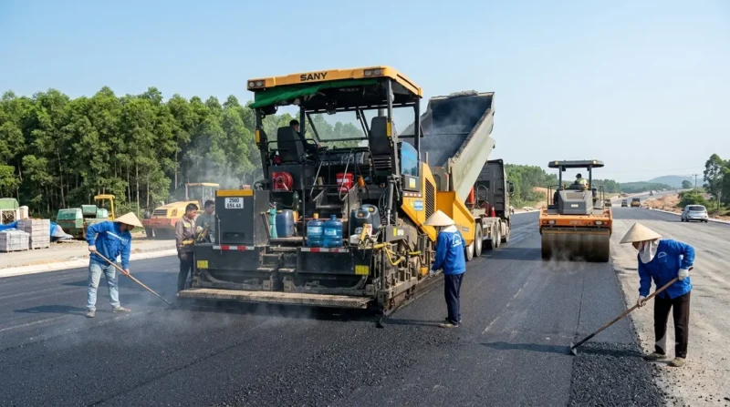 Thi công đường nhựa tại công trường giao thông