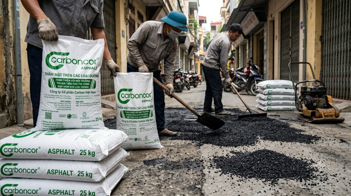 Thi công rải nhựa nguội đóng bao 25kg cho công trình giao thông