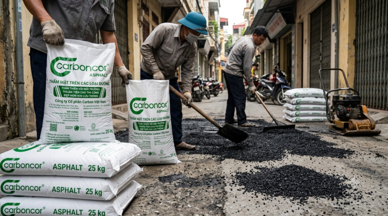 Thi công rải nhựa nguội đóng bao 25kg cho công trình giao thông