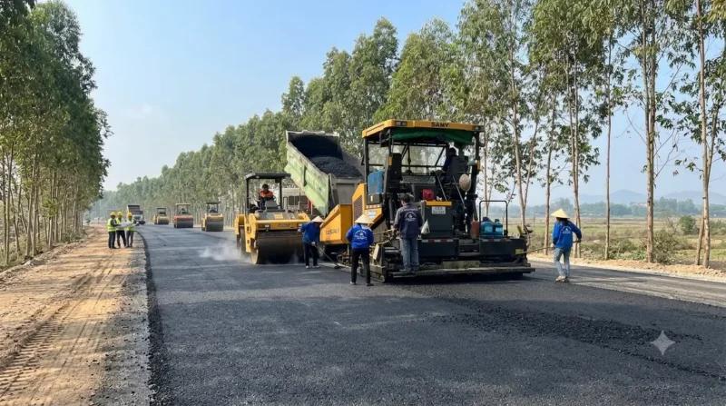 Thi công trải thảm bê tông nhựa nóng trên đường giao thông
